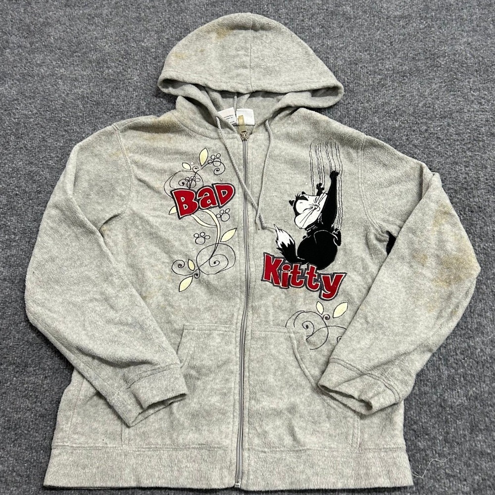 Looney Tunes Hoodie Womens Size Small Gray Bad Kitty Graphic Zip Up Fleece Stain